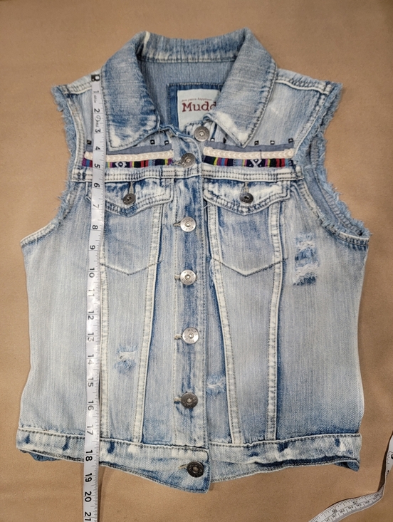 Mudd Size S Denim Distressed Blue Jean Vest, Boho, Button Front - Picture 8 of 10